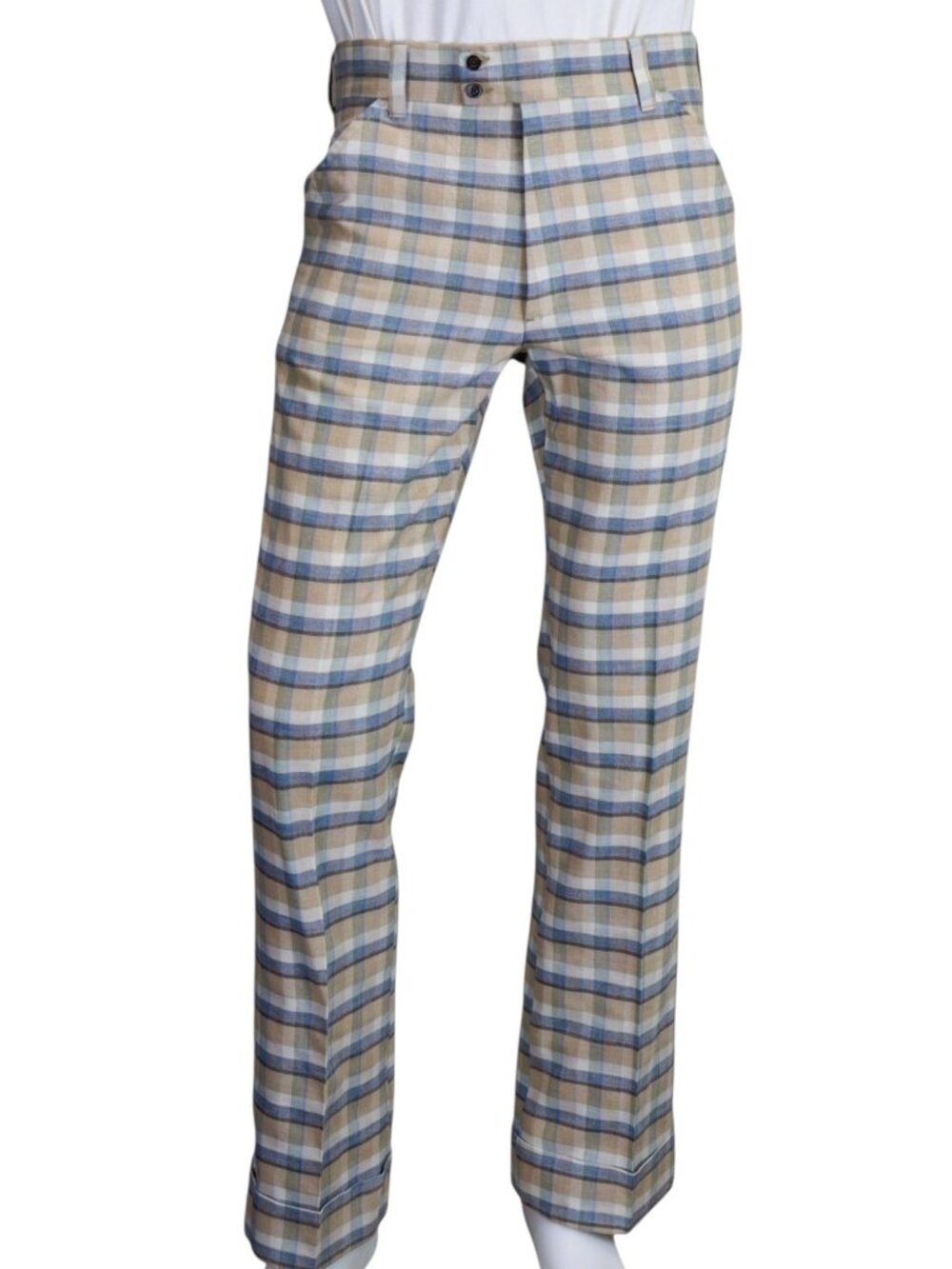 Vintage 70s Farah Plaid Pants 34x32 Blue Tan Double Knit Disco Slacks